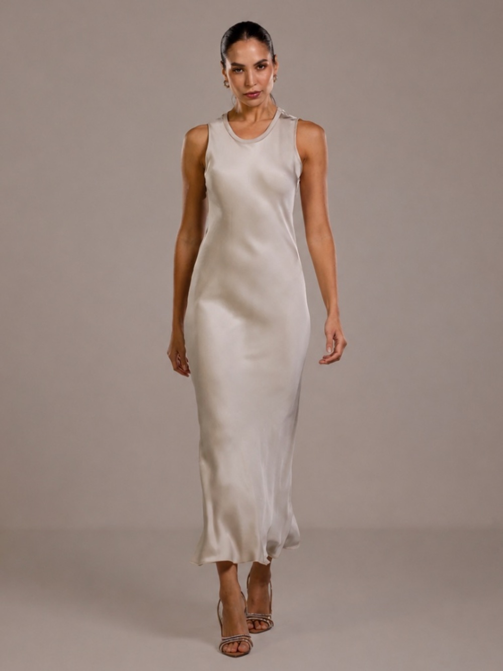 NWT JAKI London Sabrina Sleeveless Satin Dress Light Beige Medium